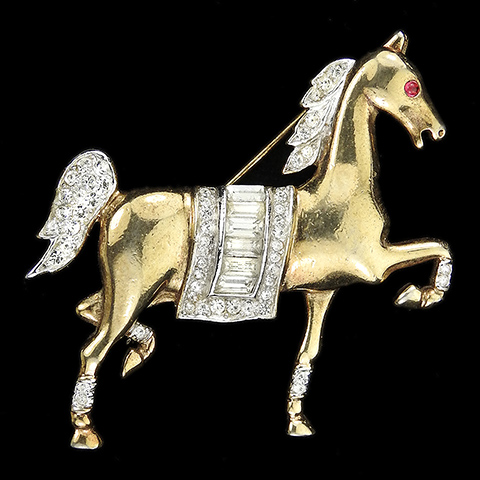 Trifari 'Alfred Philippe' Gold Pave and Baguettes Trotting Horse Pin