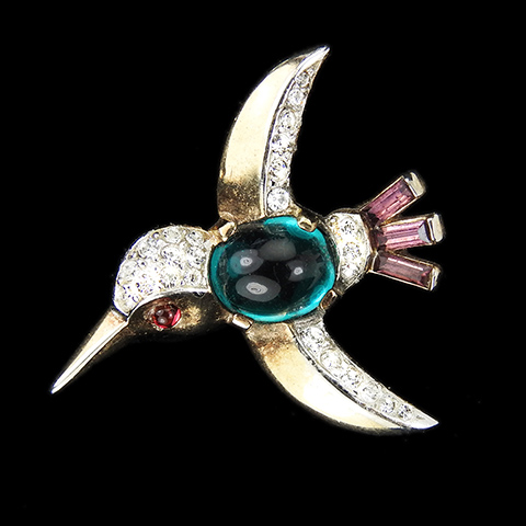 Trifari 'Alfred Philippe' Gold Pave and Emerald Cabochon Miniature Kingfisher or Hummingbird Bird Scatter Pin
