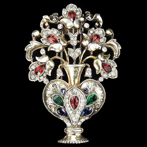 Trifari Sterling 'Alfred Philippe' Gold Pave and Tricolour Stones Flower Vase or Basket Pin Clip