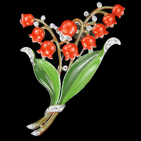 Trifari 'Alfred Philippe' Pave and Red Enamel Lily of the Valley Flower Pin Clip