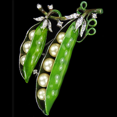 Trifari 'Alfred Philippe' Green Enamel and Pearls Double Peas in the Pod Peapod Pin