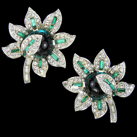 Trifari 'Alfred Philippe' Pave Emerald Baguettes and Cabochons Peony Flower Clip Earrings