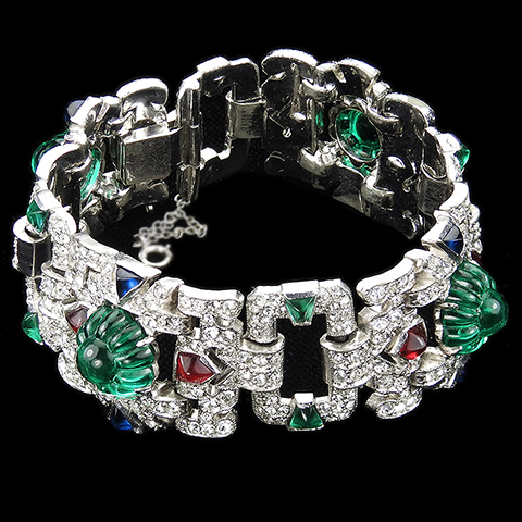 KTF Trifari 'Alfred Philippe' 'Sheherazade' 1930s Jewels of India Pave Baguettes Emerald Fruit Salads Rubies and Sapphires Bracelet