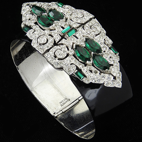 KTF Trifari 'Alfred Philippe' Bangle Bracelet holding Two Pave Emeralds Shield Dress Clips (or Clipmate Pin)