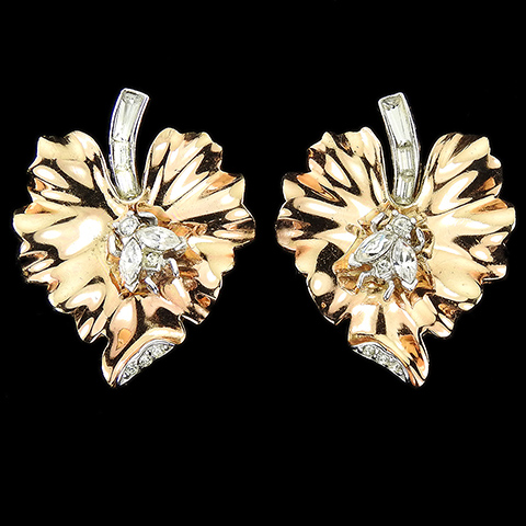 Trifari 'Alfred Philippe' Diamante Baguettes and Navettes Bug on Gold Leaf Clip Earrings