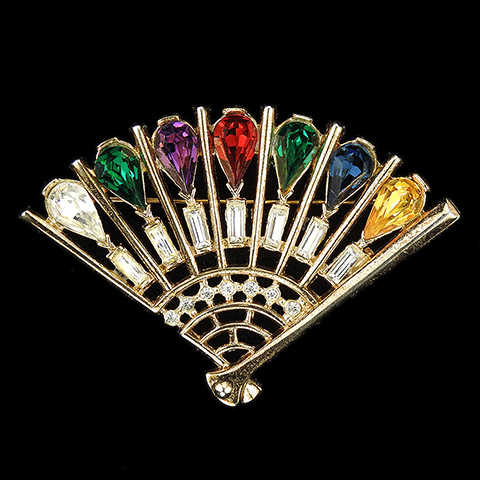 Trifari 'Alfred Philippe' 'Dearest' Gold Diamante Baguettes and Multicolour Stones Fan Pin