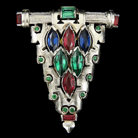 KTF Trifari 'Alfred Philippe' 1930s Jewels of India Emerald Spangles and Tricolour Navettes Triangle Shield Dress Clip