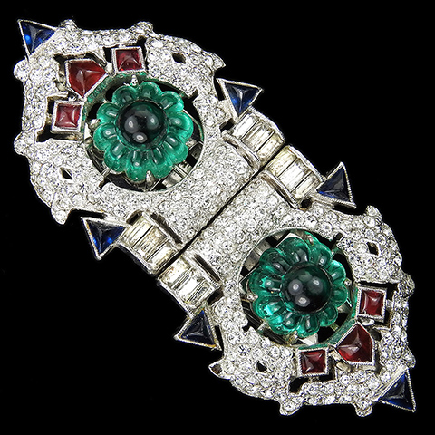 KTF Trifari 'Alfred Philippe' 'Sheherazade' 1930s Jewels of India Pave Baguettes Emerald Fruit Salads Rubies and Sapphires Pair of Dress Clips or (pre- Clipmate) Duette Pin
