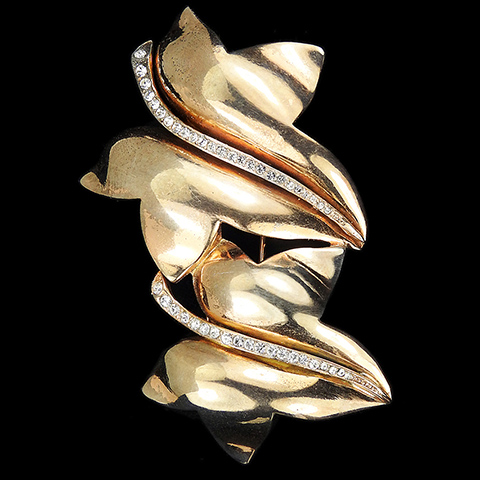 Trifari 'Alfred Philippe' Two Gold and Pave Ivy Leaves Pin Clip