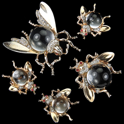 Trifari Sterling 'Alfred Philippe' Large Medium and Small Jelly Belly Bug (or 'Fly') Pins and Clip Earrings Set