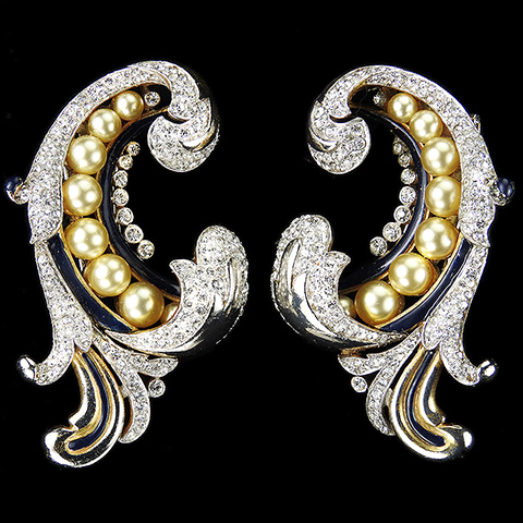 Trifari 'Alfred Philippe' 'Rococo' Empress Eugenie Gold Pave Pearls and Blue Enamel Matched Pair of Leaf Swirl Pin Clips
