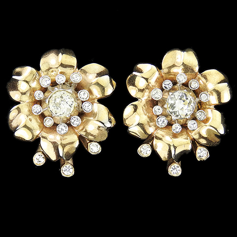Trifari 'Alfred Philippe' Spangled Gold Rose Flower Clip Earrings