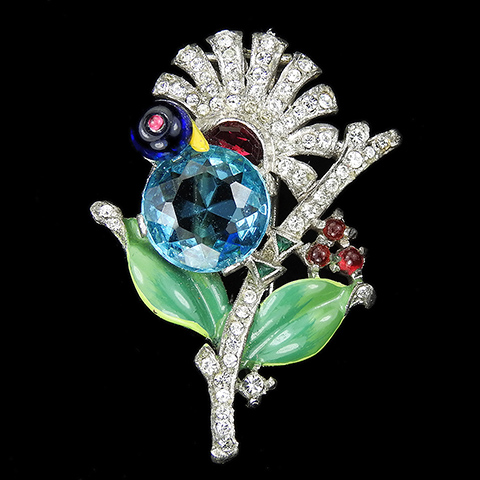 Trifari 'Alfred Philippe' Pave and Enamel Sapphire Shoebutton and Aquamarine Baby Bird Cradled on a Branch and Leaf with Flower Pin Clip