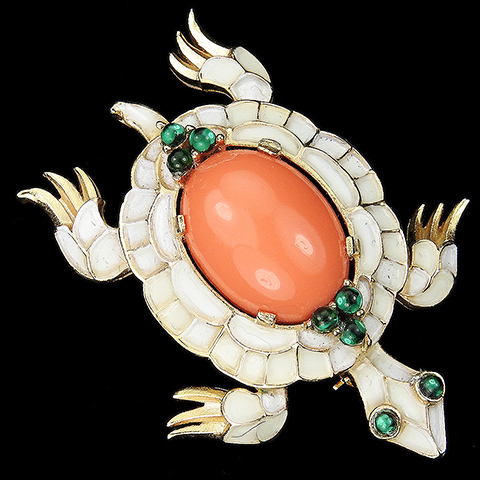 Trifari 'L'Orient' Jewels of India White Enamel with Emerald and Coral Cabochons Turtle Pin