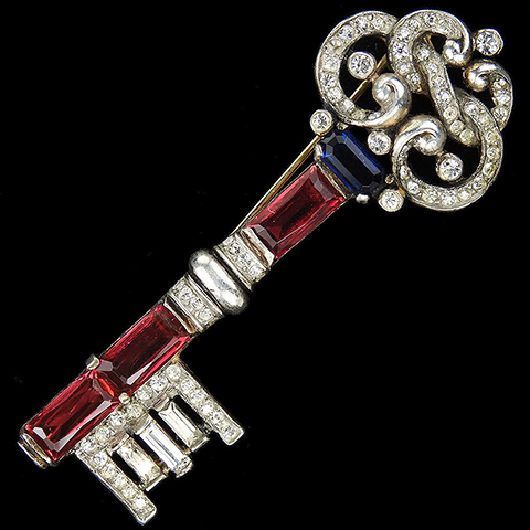 Trifari Sterling 'Alfred Philippe' Gold Pave Swirls and Ruby Baguettes Key Pin