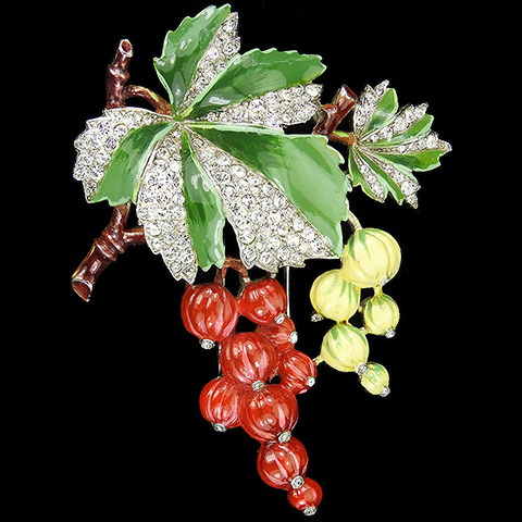 Trifari 'Alfred Philippe' Pave and Enamel Yellow and Red Berries on a Branch with Leaves Pin Clip