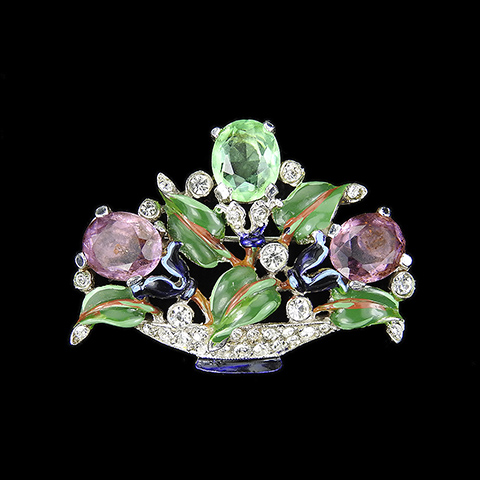 Trifari 'Alfred Philippe' Small Pave Enamel and Pastel Stones Amethyst and Peridot Flower Basket Pin