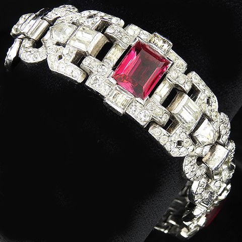 Trifari 'Alfred Philippe' Pave Baguettes and Rubies Deco Three Element Multiple Link Bracelet
