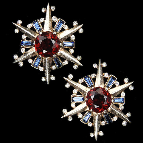 Trifari Sterling 'Alfred Philippe' Ruby and Sapphire Baguettes Starburst Star Clip Earrings