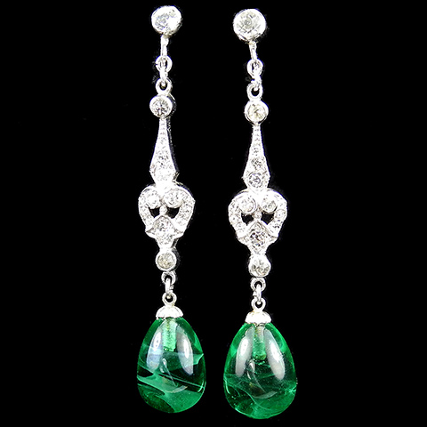 KTF Trifari 'Alfred Philippe' Pave Scrolls and Pendant Teardrop Emerald Screwback Earrings