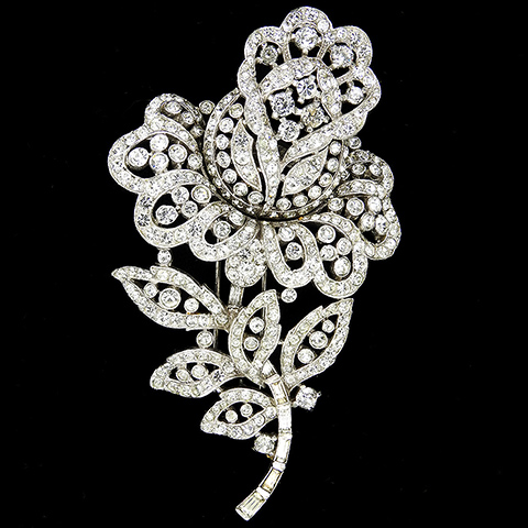 Trifari 'Alfred Philippe' Pave and Openwork Giant Lotus Flower with Five Leaves Pin Clip