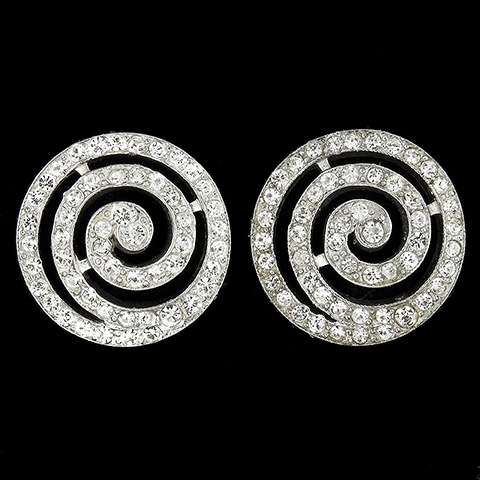 Trifari Sterling 'Alfred Philippe' Pave Circular Spiral Swirl Clip Earrings