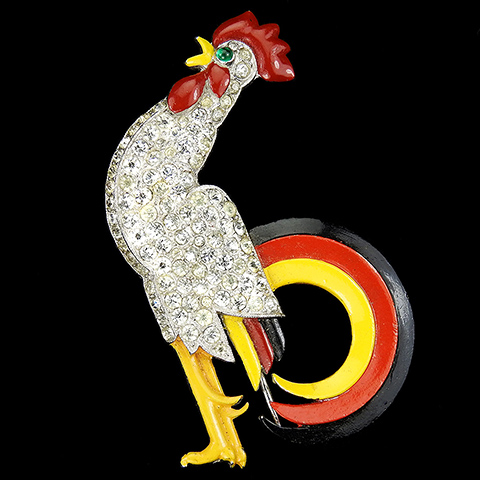 Trifari 'Alfred Philippe' Pave and Enamel Rooster Cock Crowing at the Sunrise Bird Pin Clip