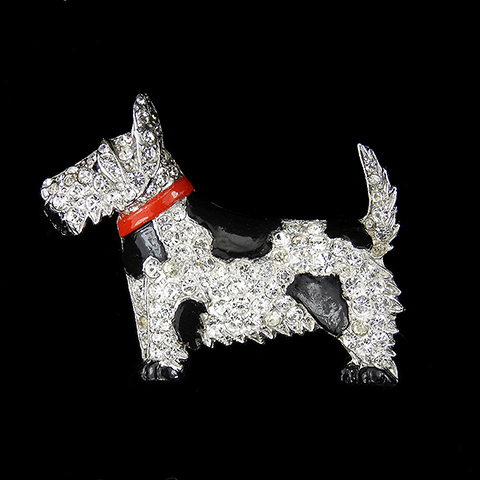 Trifari 'Alfred Philippe' Gold Pave and Black Enamel Scottie Dog Terrier with Red Collar Pin