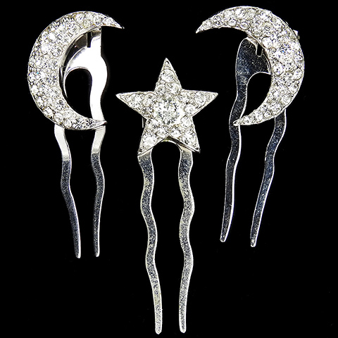 KTF Trifari 'Alfred Philippe' Pave Five Pointed Star and Left and Right Handed Crescent Moons Matched Set of Three Hair Slides