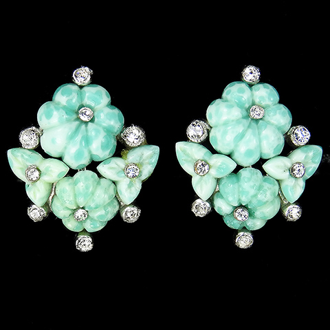 KTF Trifari 'Alfred Philippe' Jade Fruit Salads Flower Button Clip Earrings