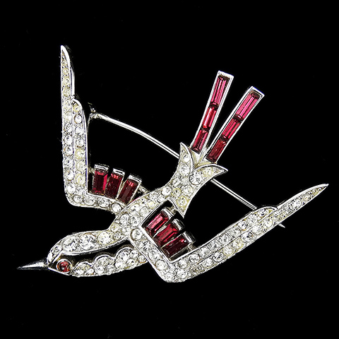 Trifari 'Alfred Philippe' Pave and Ruby Baguettes Openwork Swift Flying Bird Pin
