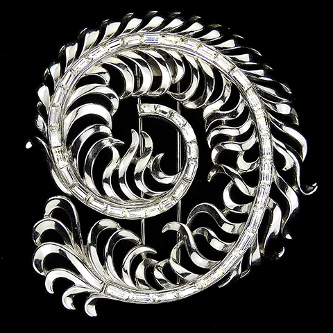 Trifari 'Alfred Philippe' Silver and Baguettes Circular Leaf Swirl Pin Clip