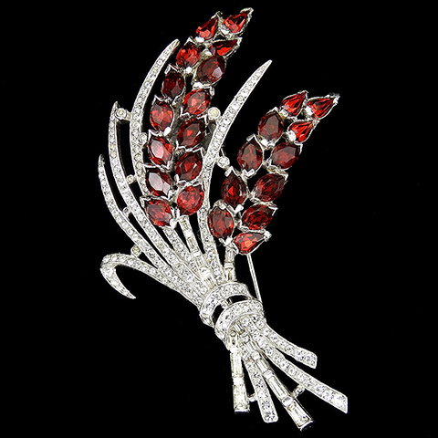 Trifari 'Alfred Philippe' Pave and Navette Cut Rubies Double Lupins Floral Spray Flower Pin Clip