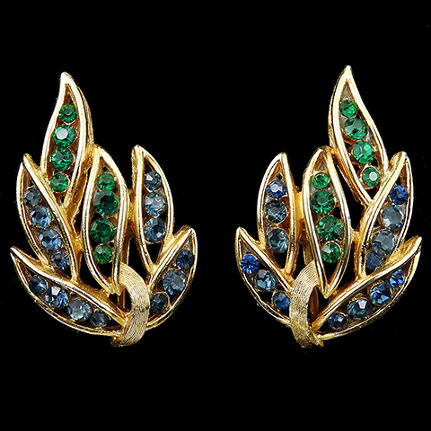 Trifari 'Alfred Philippe' Gold Openwork Emeralds and Sapphires Flaming Leaves Floral Clip Earrings