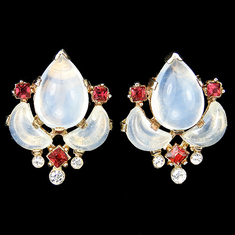 Trifari 'Alfred Philippe' 'Clair de Lune' Moonstone Demilune and Ruby Spangles Clip Earrings