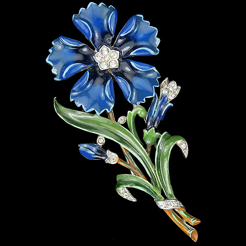 Trifari 'Alfred Philippe' Blue Enamel Five Petalled Carnation Flower with Buds Pin Clip