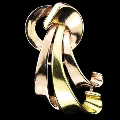 Trifari 'Alfred Philippe' Deco Yellow and Rose Gold Circle and Triple Bowknot Bow Swirl Pin Clip
