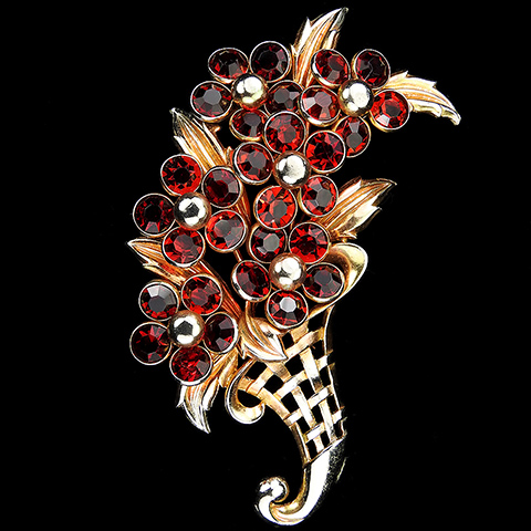 Trifari 'Alfred Philippe' Ruby Glass Flowers and Golden Basketweave Cornucopia Giant Floral Spray Pin