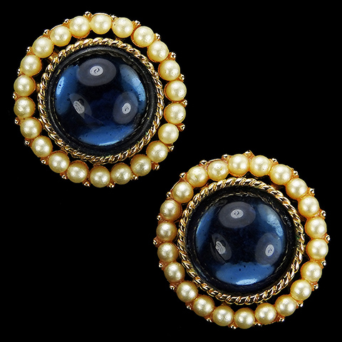 Trifari 'Alfred Philippe' Sapphire Cabochon and Seed Pearls Circular Button Clip Earrings