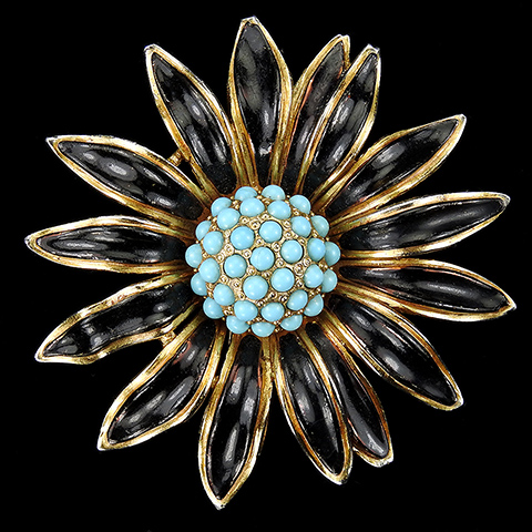 Trifari 'Alfred Philippe' Gold Black Enamel and Turquoise Daisy Flower Pin Clip