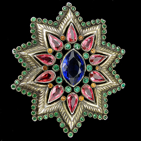 KTF Trifari 'Alfred Philippe' Gold Ruby Emerald Sapphire and Topaz 1930s Jewels of India Ten Pointed Star Pin