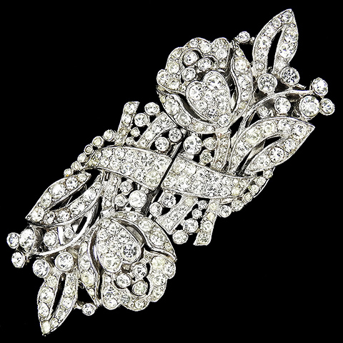 Trifari 'Alfred Philippe' Pave Openwork Bell Flowers and Leaves Deco Swirls Pair of Dress Clips or Clipmate Pin