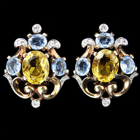 Trifari 'Alfred Philippe' 'Renaissance' Citrine and Blue Topaz Shield Crest Clip Earrings