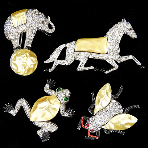Trifari 'Alfred Philippe' Pave and Enamel Miniature Pearl Belly Set of Circus Elephant on Ball, Frog, Bug and Running Race Horse Four Scatter Pins
