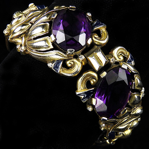 Trifari 'Alfred Philippe' Gold Blue Enamel and Amethyst Two Bell Flowers Floral Link Bracelet