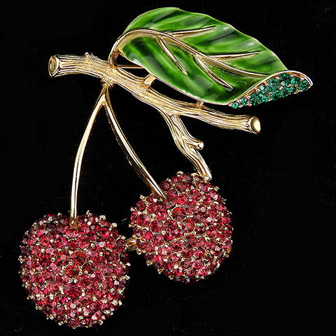 Trifari 'Alfred Philippe' Gold Ruby Emerald and Enamel Two Cherries on a Branch Pin