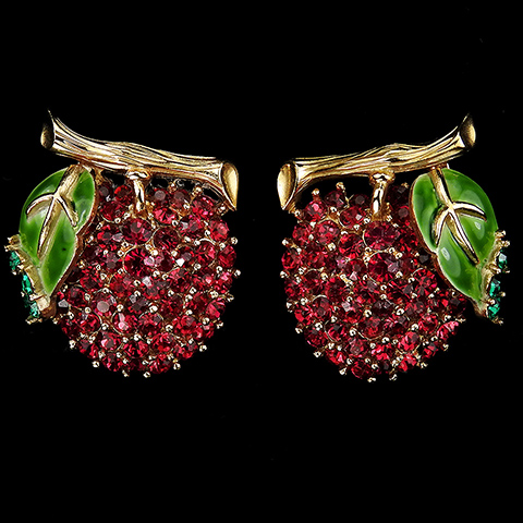Trifari 'Alfred Philippe' Gold Ruby Emerald and Enamel Cherries on a Branch Clip Earrings