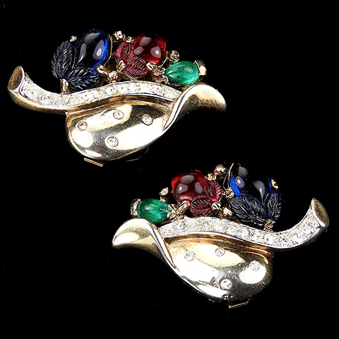 Trifari 'Alfred Philippe' 'Floraleaf' Spangled Gold Pave and Tricolour Fruit Salads Clip Earrings