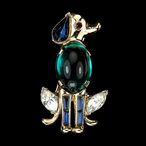 Trifari 'Alfred Philippe' Emerald Cabochon Sitting Dog Pin