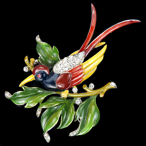 Trifari 'Alfred Philippe' Pave and Enamel Tropical Bird on a Branch Pin Clip